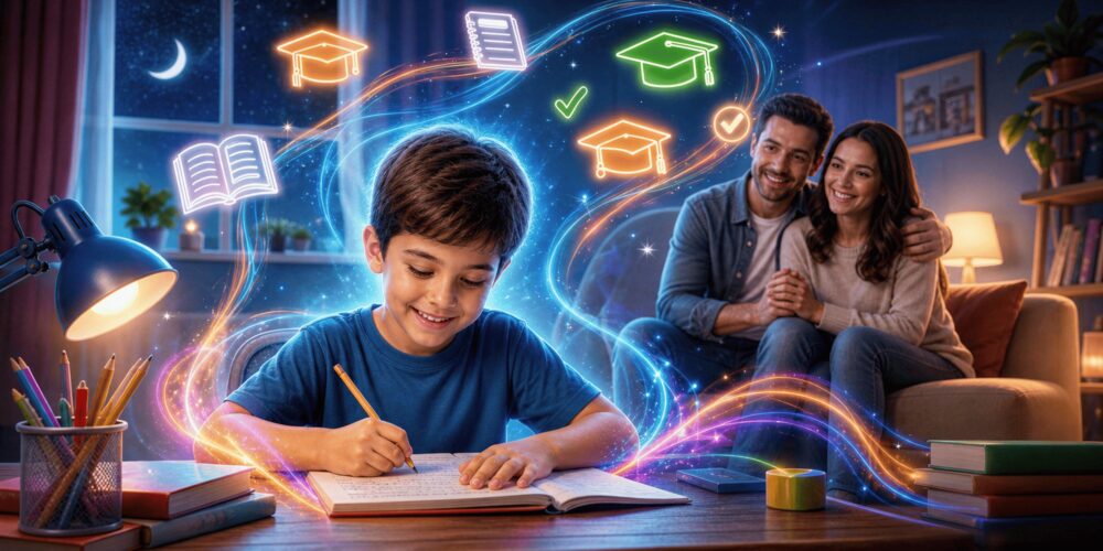 Mamá acompañando a su hijo con la tarea, en calma